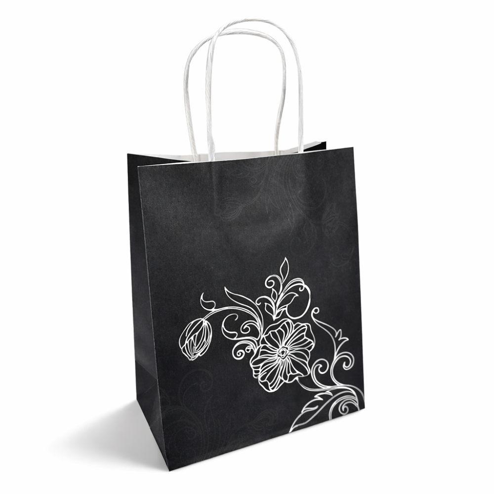 12 bolsas de papel kraft negras con asas trenzadas y motivo floral plateado - 18 x 10 x 23 cm