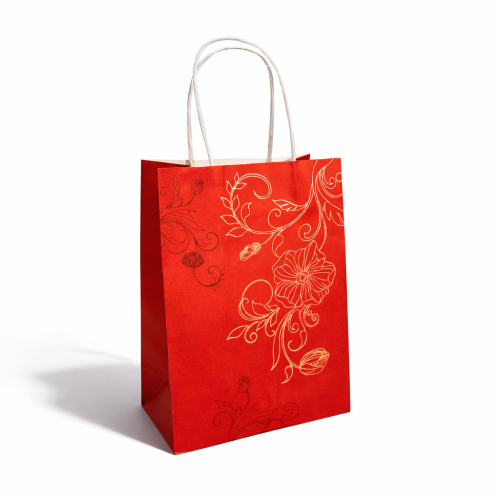 12 bolsas de papel kraft roja con asas trenzadas y motivo floral dorado - 18 x 10 x 23 cm