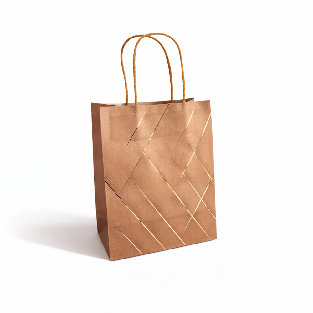 12 bolsas grandes de papel kraft con motivo dorado brillante 24,5 x 10,5 x 31 cm - kraft natural