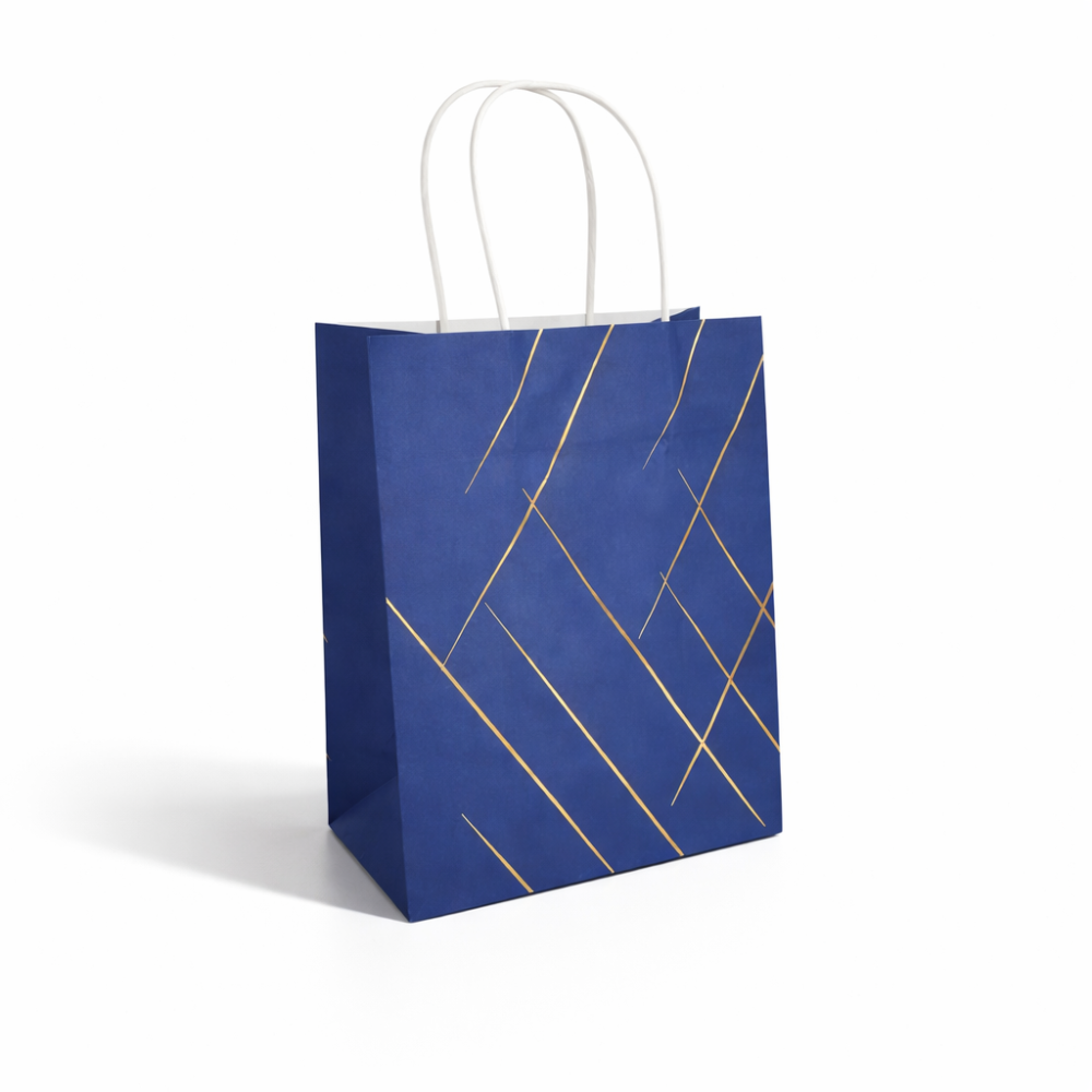 12 bolsas de papel kraft con motivo dorado brillante 18 x 10 x 23 cm - azul noche