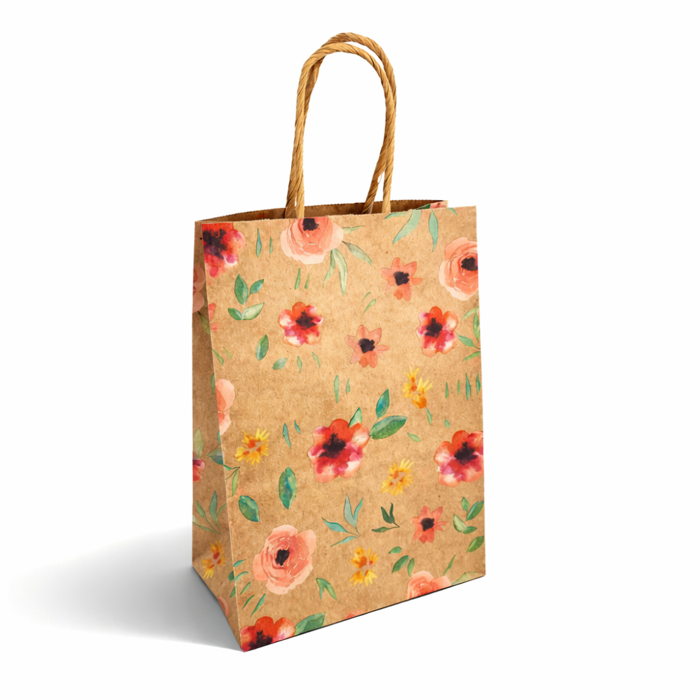 12 bolsas de papel kraft marrón con estampado de flores rojas y amarillas 18x9x25cm