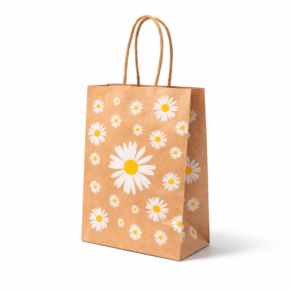 12 bolsas de papel kraft con motivos de margaritas, 15 x 8 x 21 cm