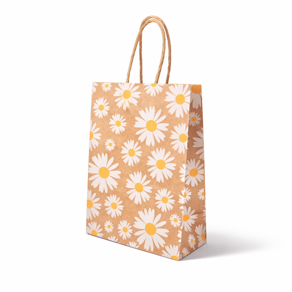12 bolsas de papel kraft con motivo de margaritas y asas trenzadas, 15 x 8 x 21 cm