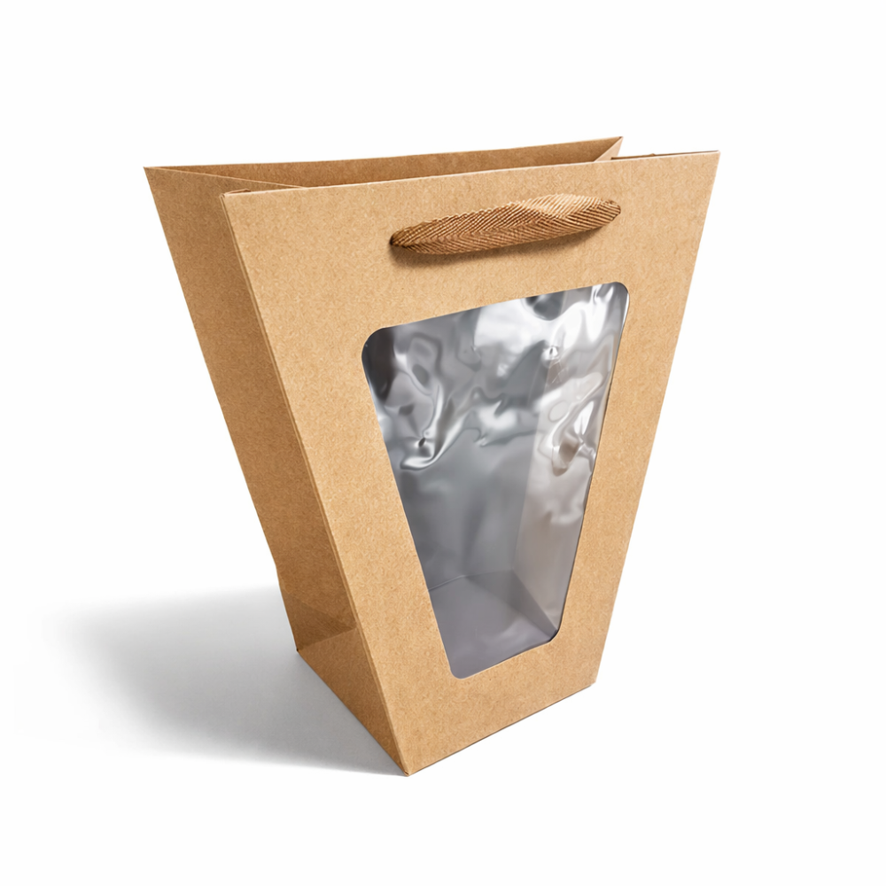 12 bolsas de regalo trapezoidales con ventana de 24 x 11 x 26 cm - papel kraft