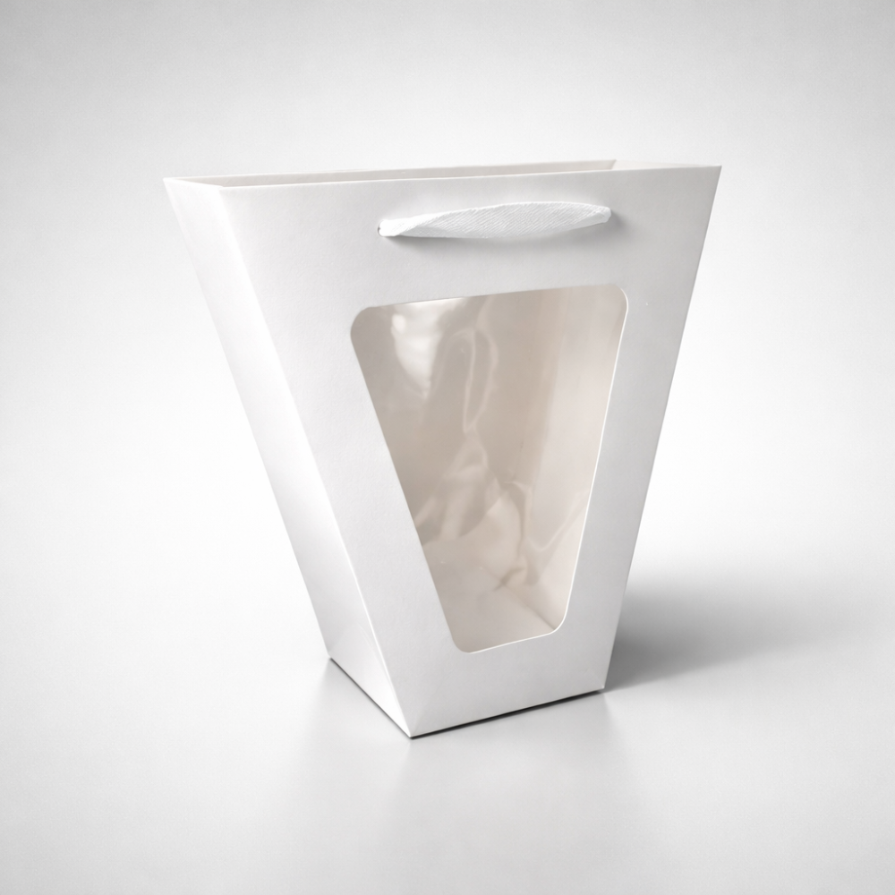 12 bolsas de regalo pequeñas con ventana en forma de trapecio 18 x 10 x 20 cm - blanco
