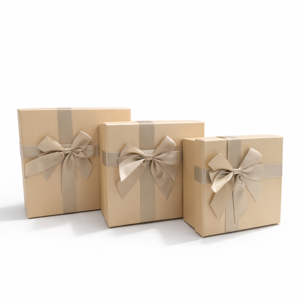 Lote de 3 cajas de regalo cuadradas naranja melocotón iridiscentes - Lazo de raso dorado