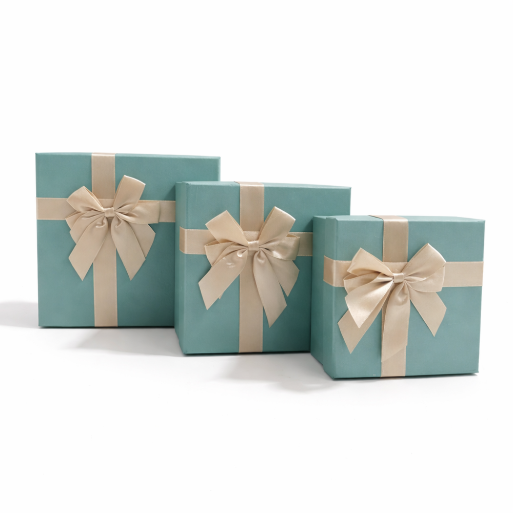 Lote de 3 cajas de regalo cuadradas verdes azuladas iridiscentes - Lazo de raso dorado