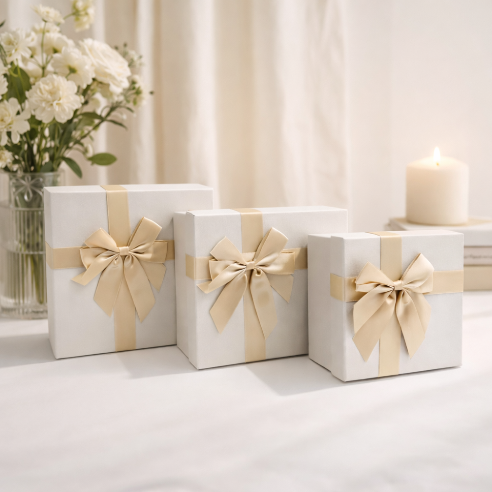 Lote de 3 cajas de regalo gris perla y dorado - Cuadradas, encajables y de lujo