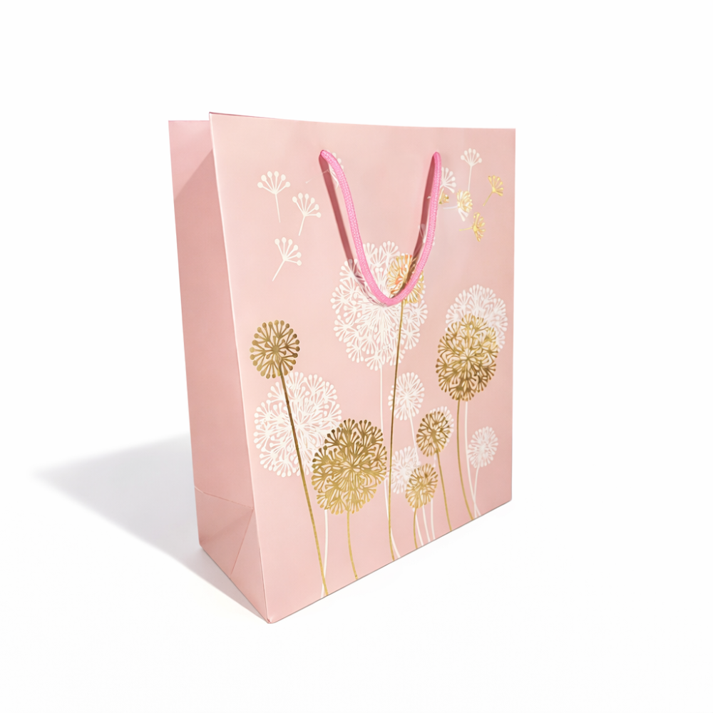 12 bolsas de lujo rosa pastel con motivo de dientes de león dorados y blancos 26x12x32 cm
