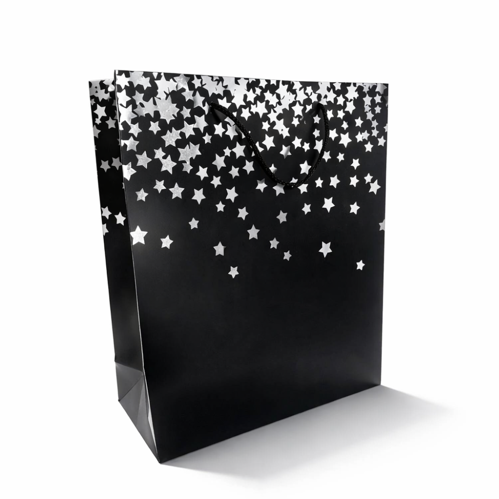12 bolsas de regalo de lujo negras con motivo de estrellas plateadas 26x12x32 cm