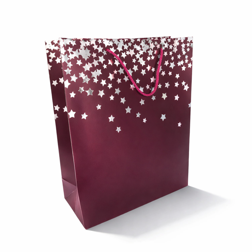 12 bolsas de regalo de lujo rojo burdeos con motivo de estrellas plateadas 26x12x32 cm