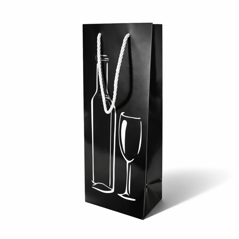 12 bolsas para botellas de cartón laminado negro con motivo plateado brillante 12,5 x 8 x 36 cm