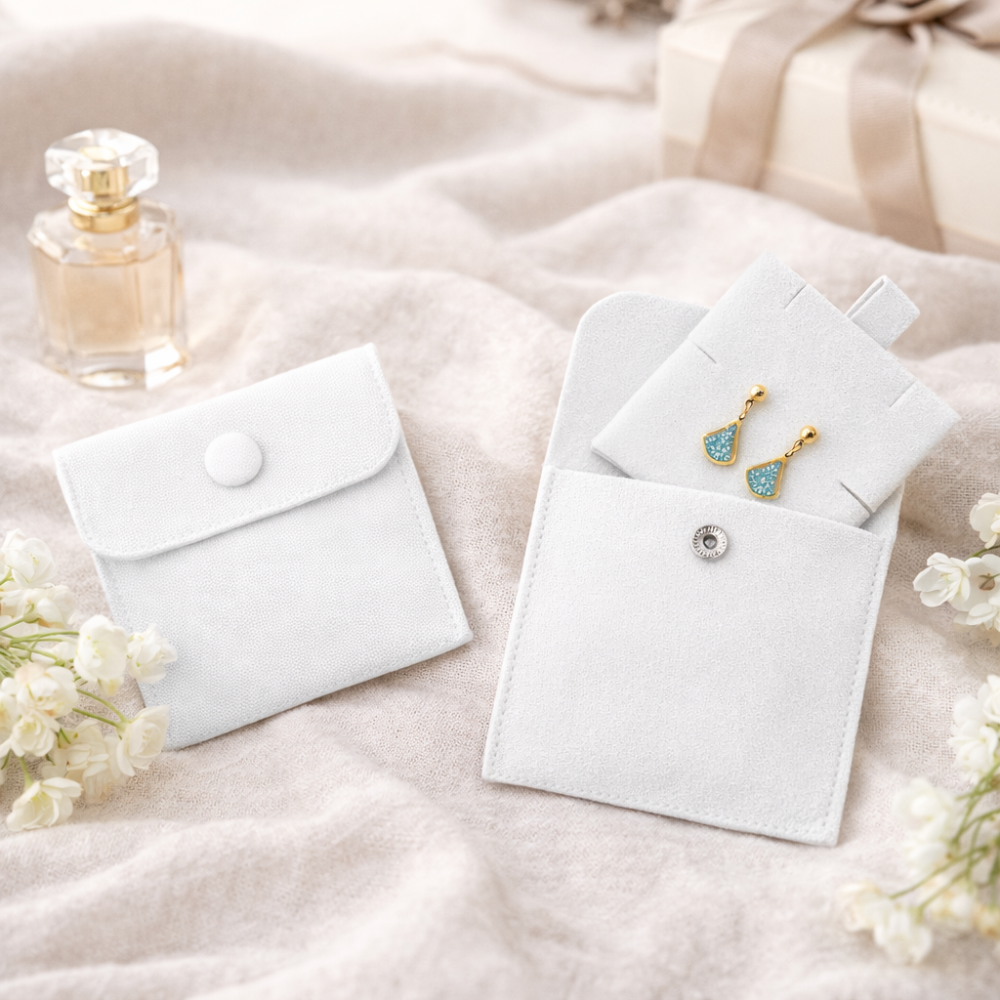 Pack de joyas de lujo con 12 estuches y 12 bolsitas de ante blanco a juego