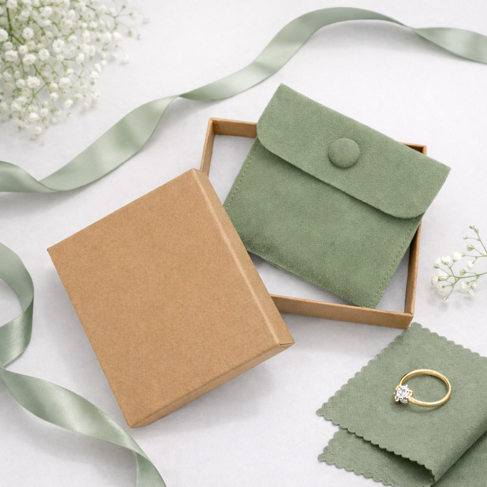 OFERTA DE LANZAMIENTO: Pack de 12 conjuntos de lujo en papel kraft marrón y verde almendra - 3 GRATIS