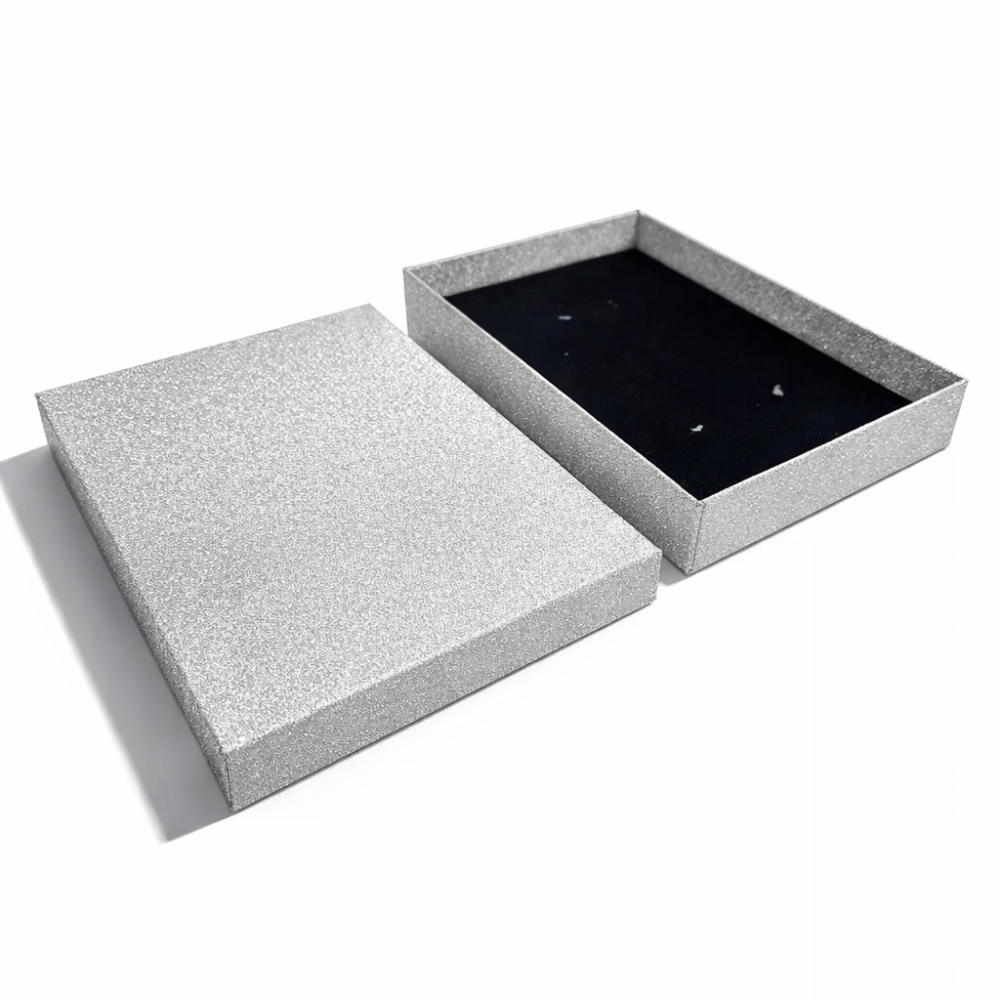 6 estuches grandes plateados con purpurina para conjuntos de joyas 13x18 cm