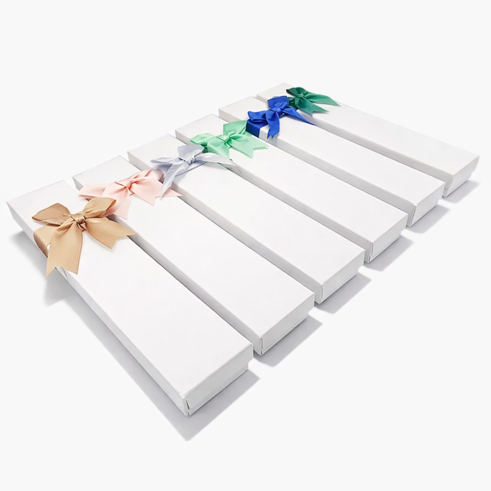 12 estuches largos para pulseras con lazo de regalo 4x21 cm - blanco