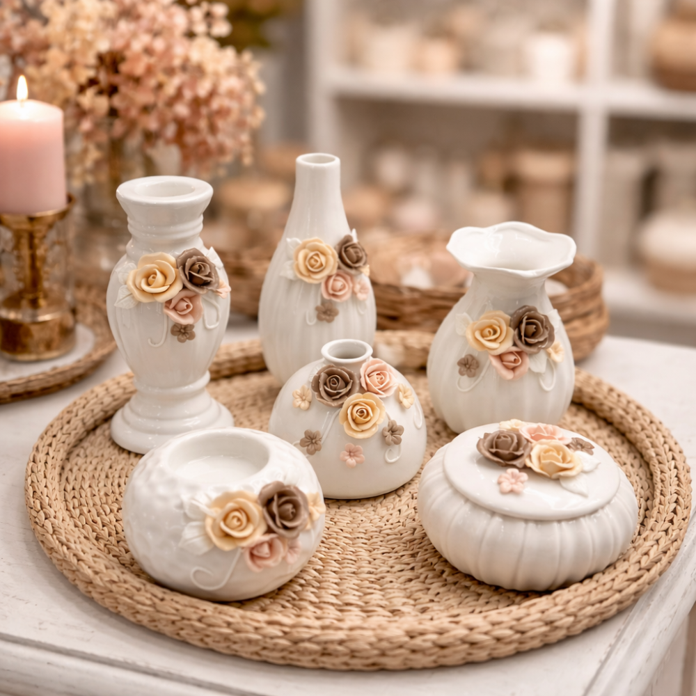 PACK DE DECORACIÓN DE CERÁMICA: Conjunto de 6 piezas de rosas blancas - 3 ARTÍCULOS DE REGALO