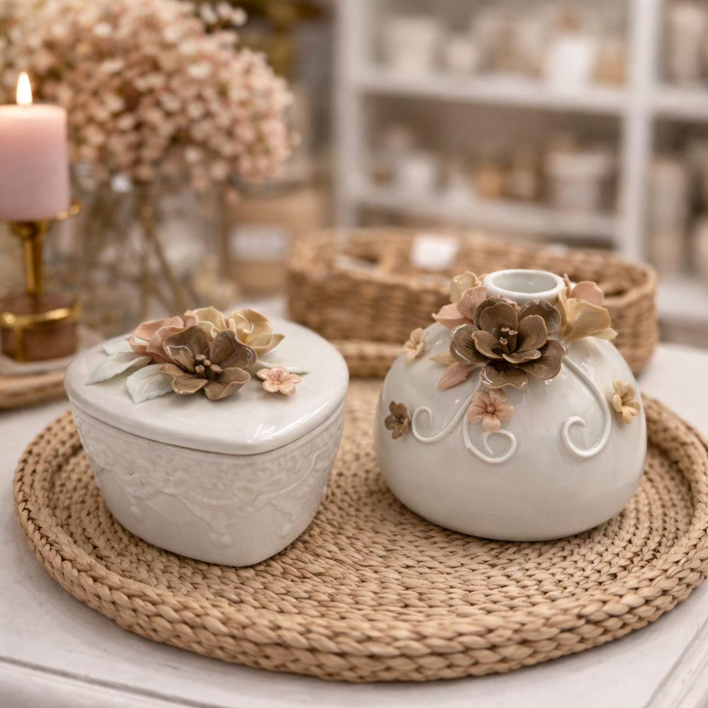 PACK DUO DE DECORACIÓN: 1 jarrón esférico para flores + 1 caja en forma de corazón DE REGALO