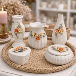 PACK DECORATIVO: Conjunto de 5 piezas de cerámica con motivos florales - PORTAVELAS Y JARRÓN DE REGALO
