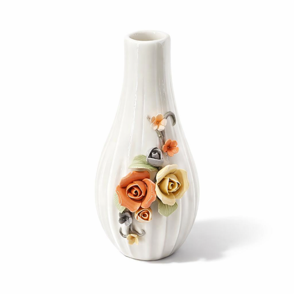 Pequeño jarrón blanco de cerámica para una sola flor con decoración floral