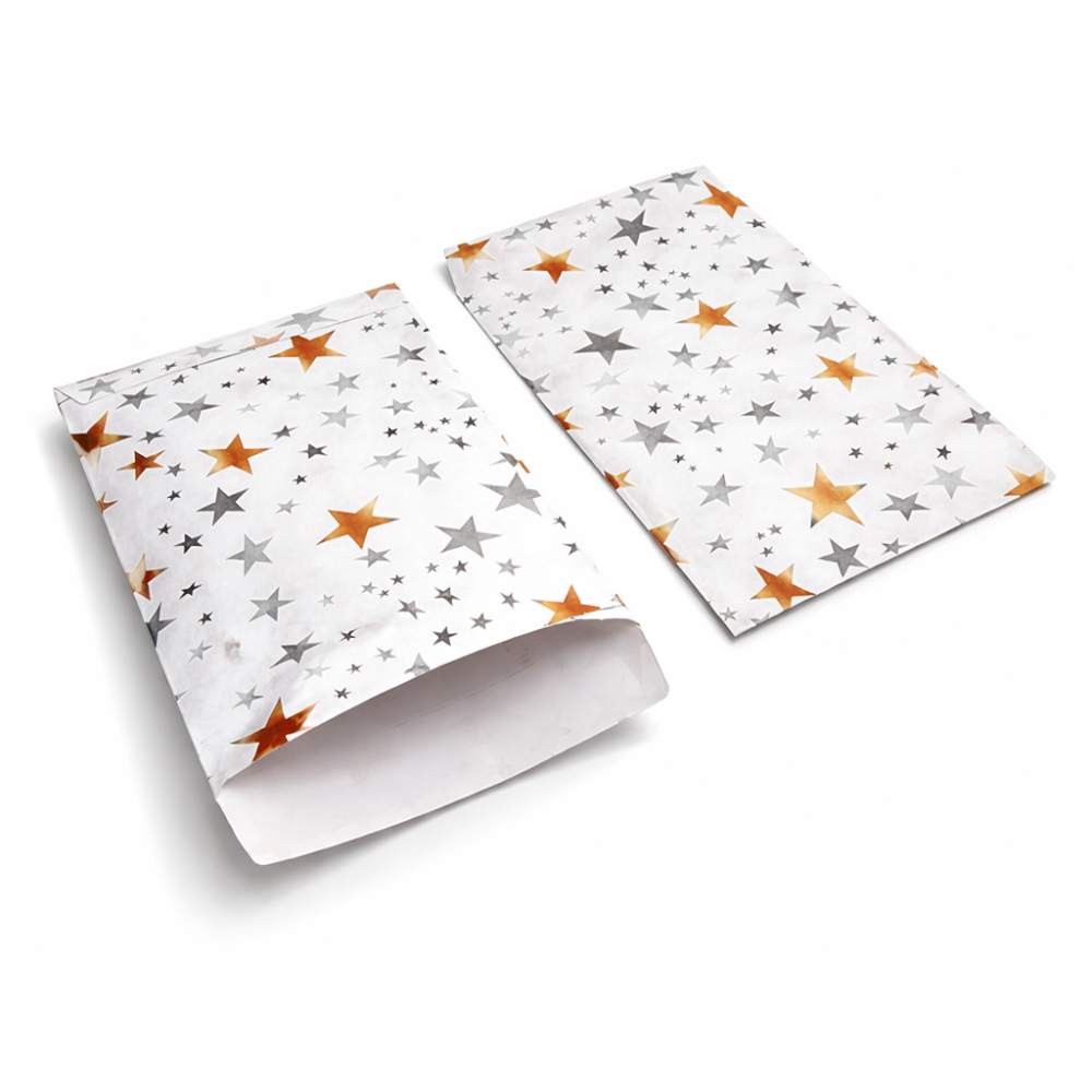 Lote de 100 saquitos de regalo blancos con estampado de estrellas, 11 x 17 cm