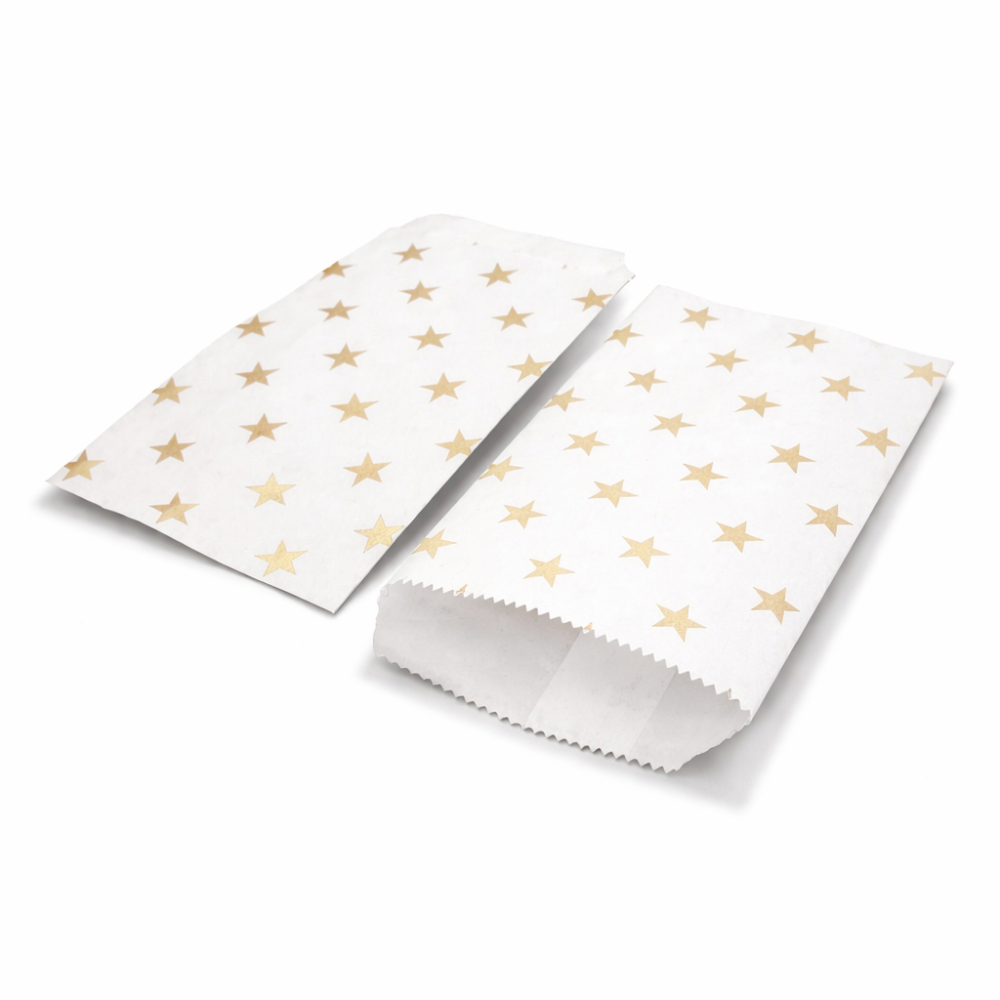 100 bolsitas de papel kraft blanco con estampado de estrellas doradas, 8 x 14 cm