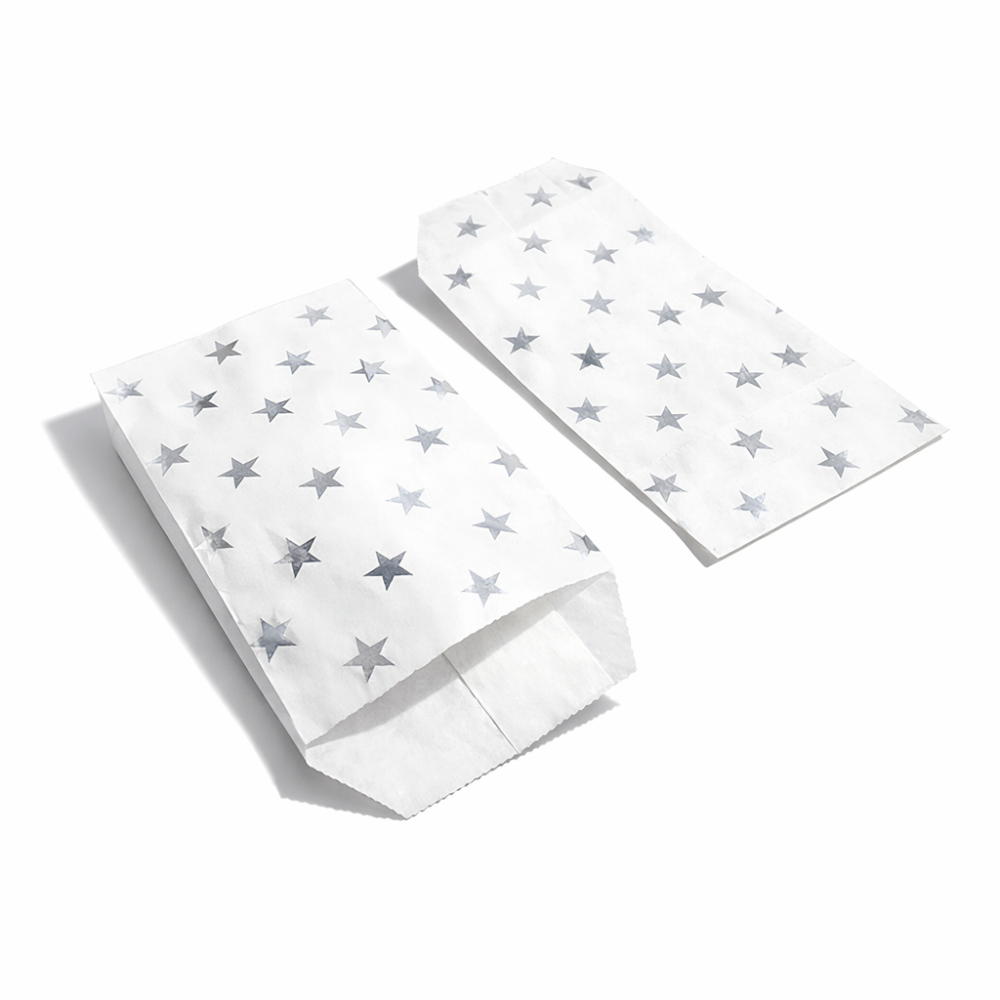100 bolsitas de papel kraft blanco con motivos de estrellas plateadas, 10 x 15 cm