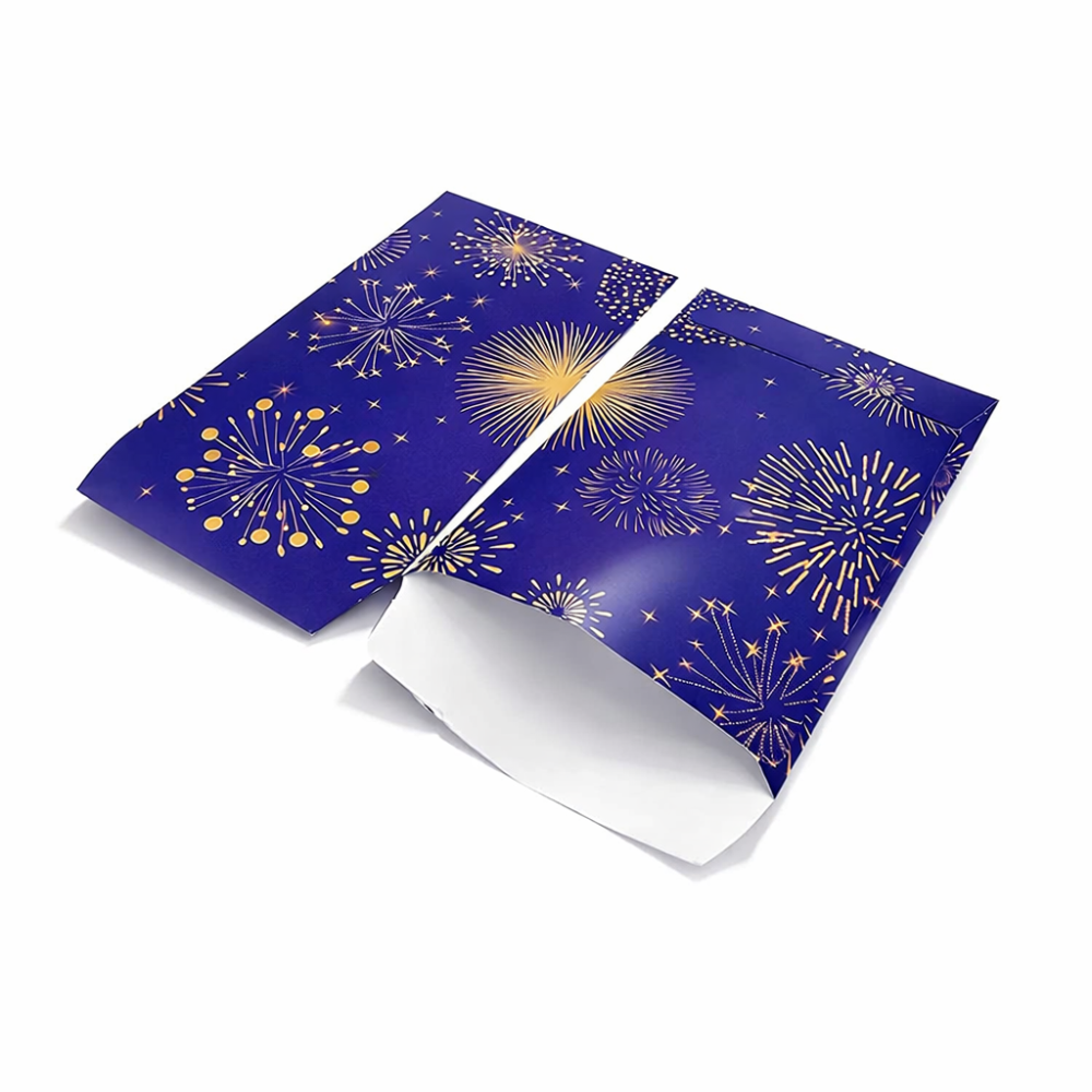 Lote de 50 bolsitas de regalo de navidad azul noche de 16 x 24 cm con motivo de fuegos artificiales