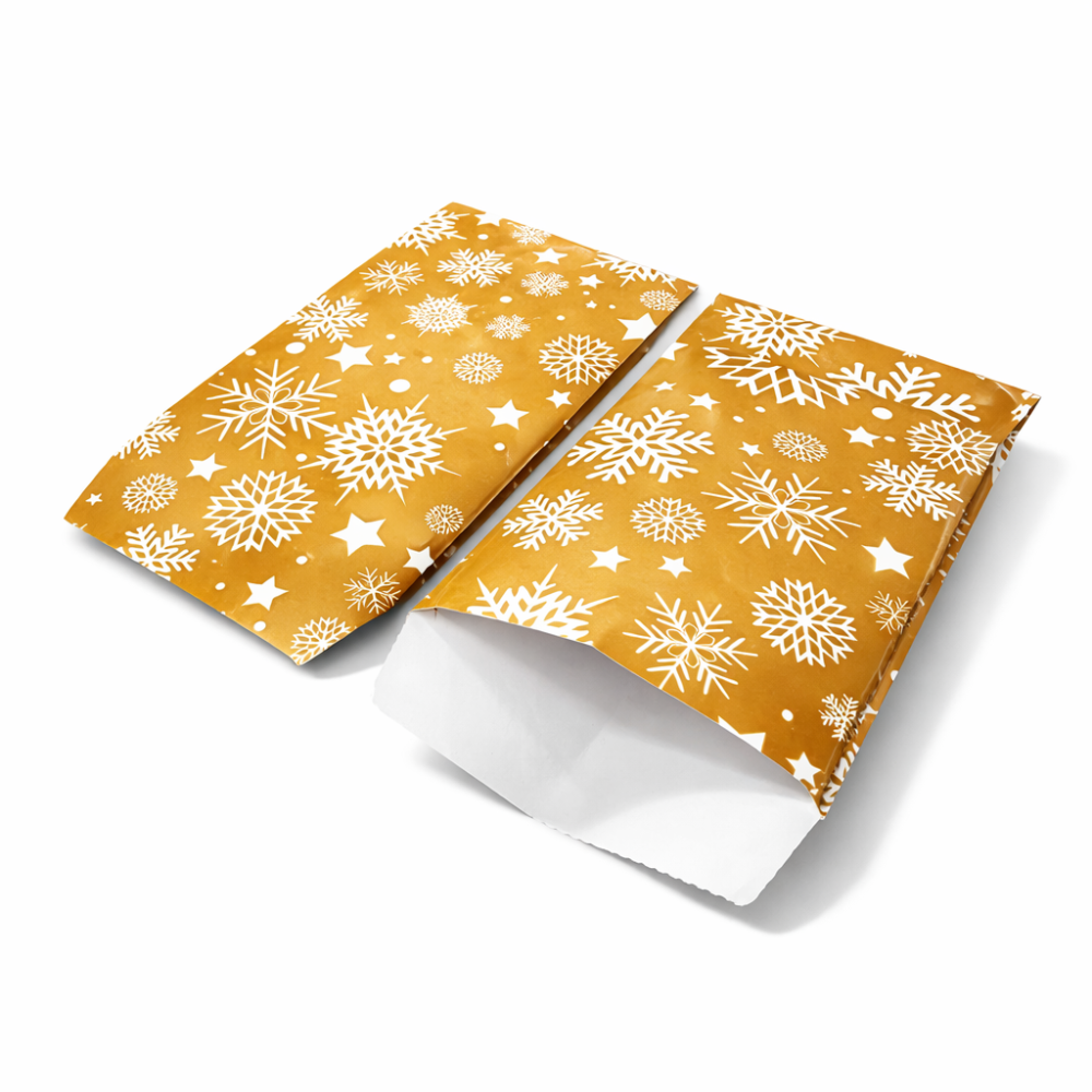Lote de 50 bolsitas de regalo de navidad doradas mate de 16 x 24 cm con motivo de copos de nieve