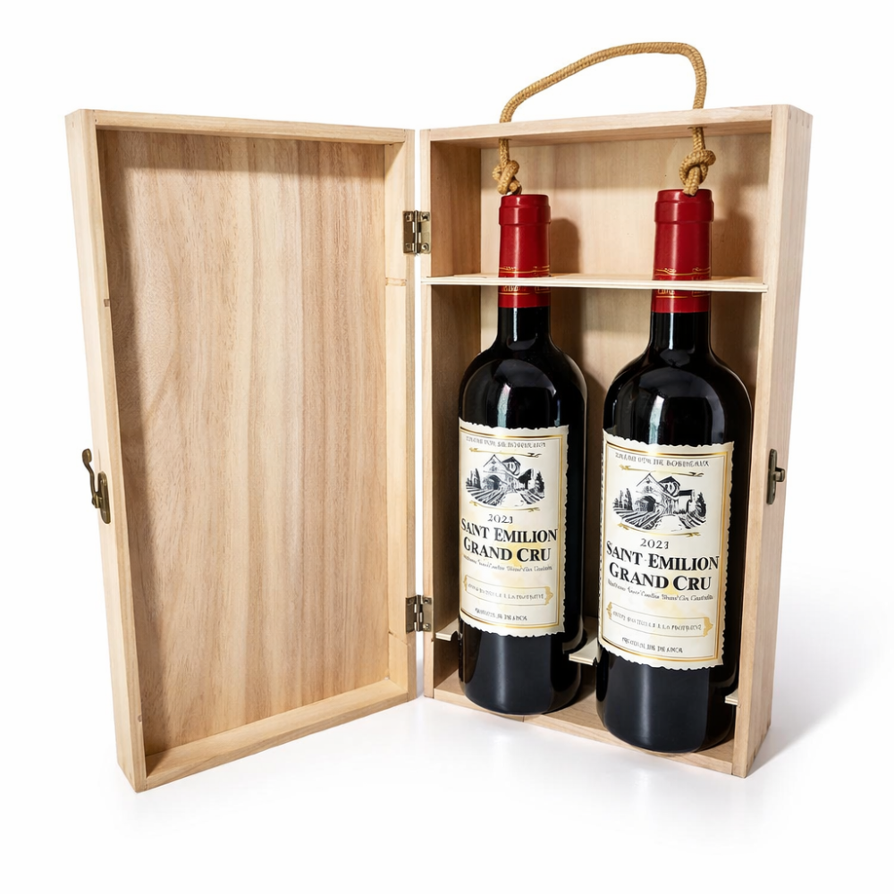 Caja para 2 botellas de madera de pino con cierre de gancho 19x35x9,5 cm