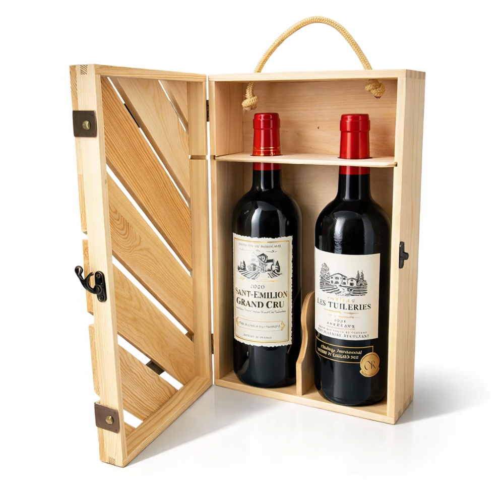 Caja de vino para 2 botellas de madera de pino con cierre de gancho, 19 x 35 x 9,5 cm