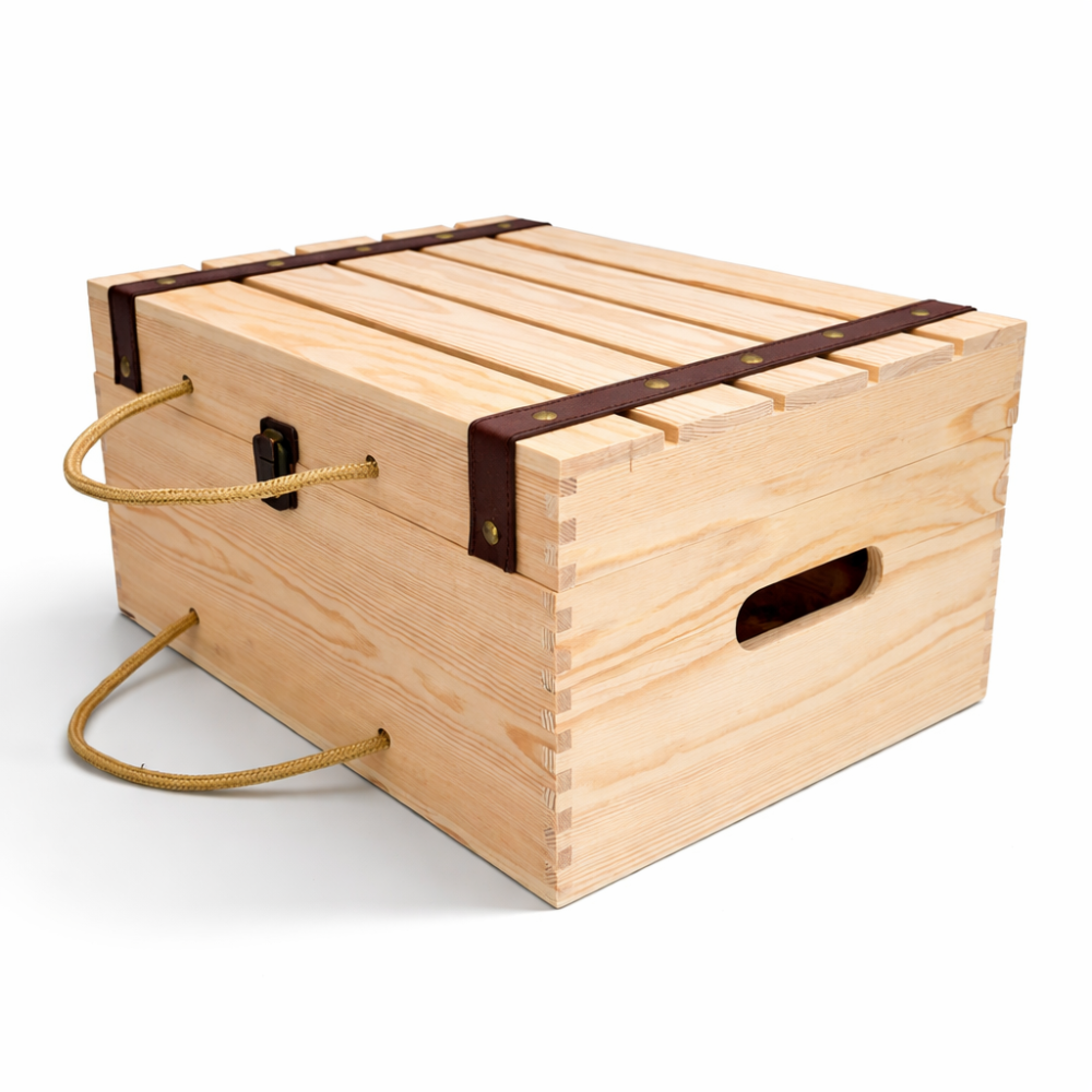 Caja para botellas de vino de madera de pino con cierre de metal.