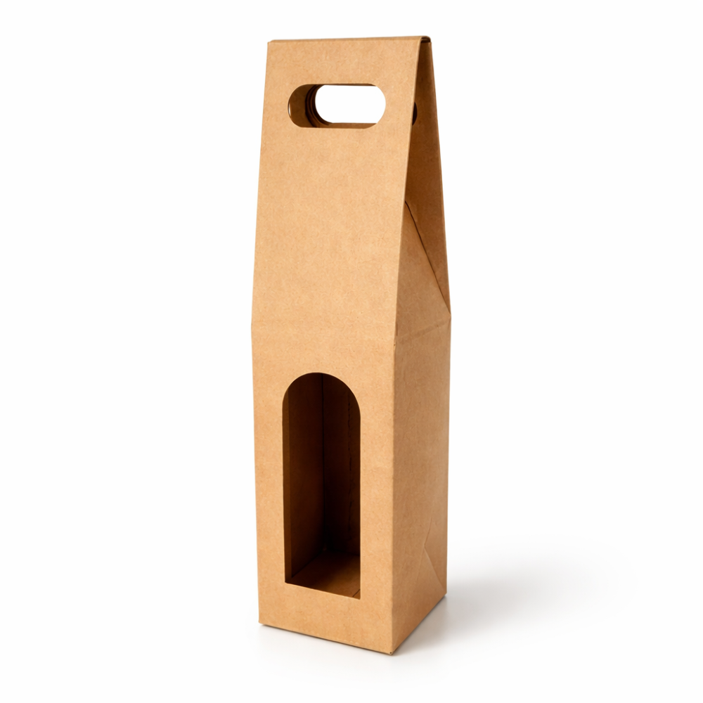 Caja de cartón con ventana para 1 botella de vino, 9x9x39 cm - paquete de 6