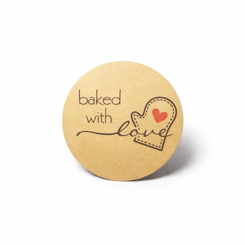 Rollo de 500 etiquetas para regalos «Baked with love» sobre fondo kraft - 11053