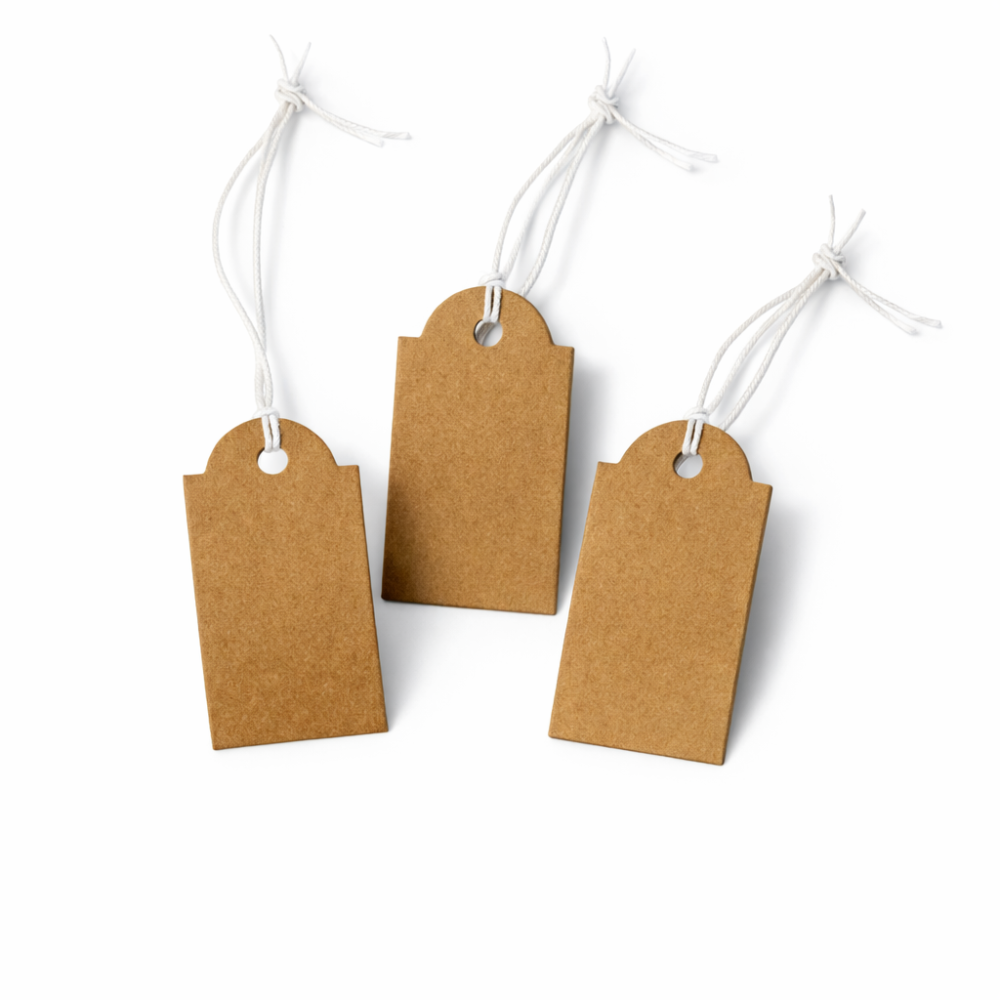 100 etiquetas de hilo marrón natural para precios de 2,5 x 1,5 cm