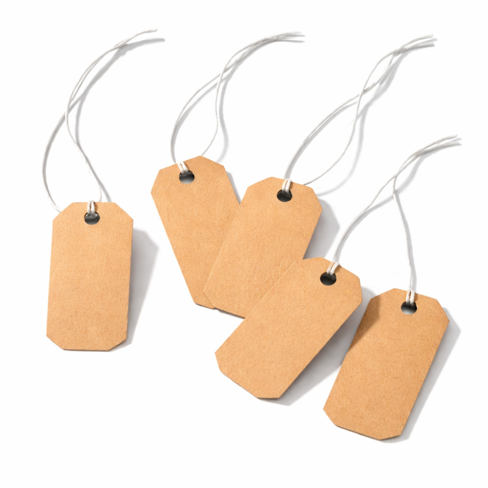 100 etiquetas con cordón para precios en color kraft de 3 x 1,5 cm