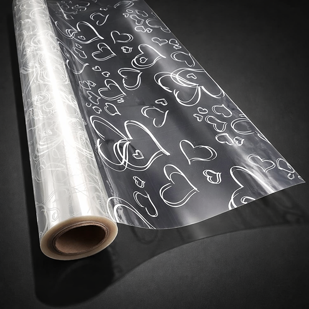 Rollo de papel de regalo transparente con motivo de corazones blancos, 50 m