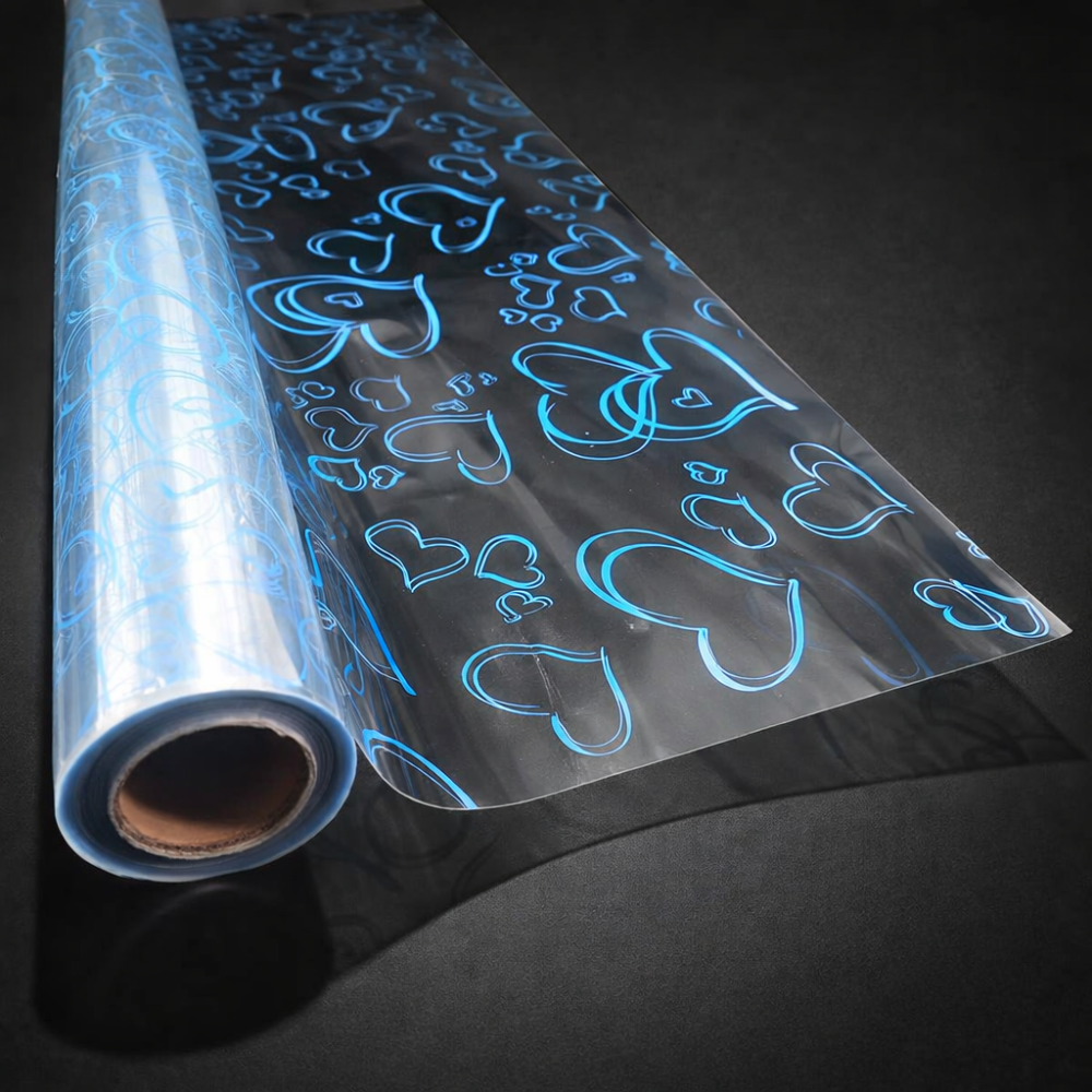 Rollo de papel de regalo transparente con motivos de corazones azules claros, 50 m
