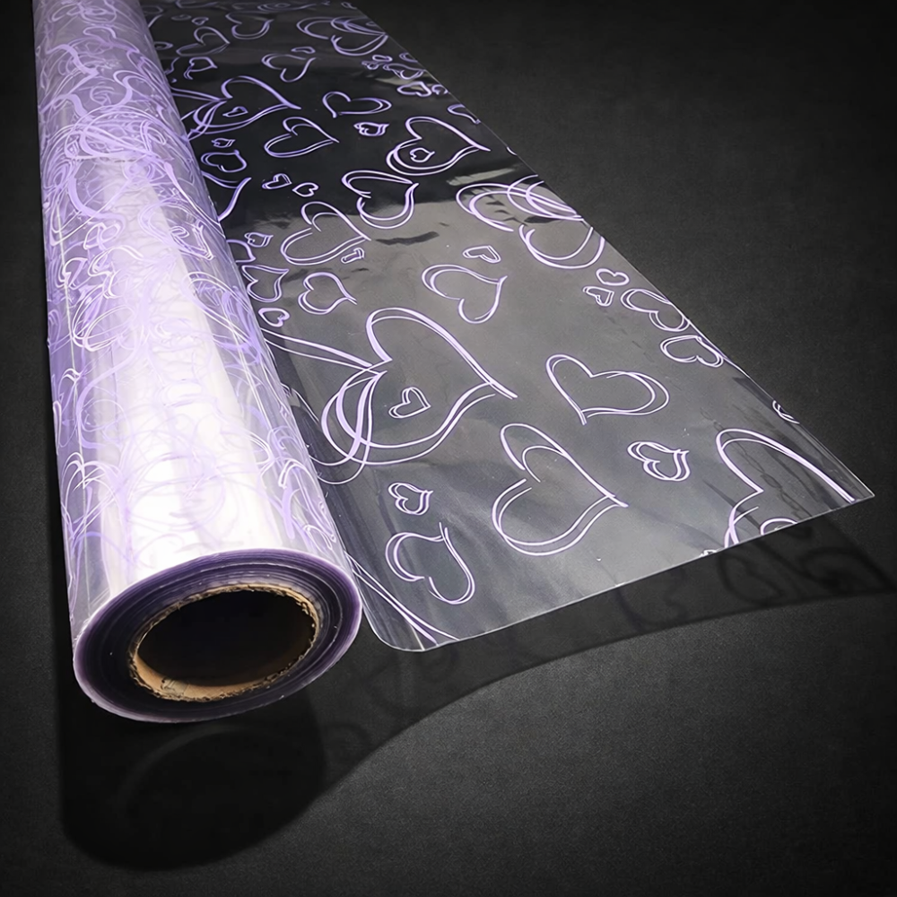 Rollo de papel de regalo transparente con motivo de corazones malva, 50 m