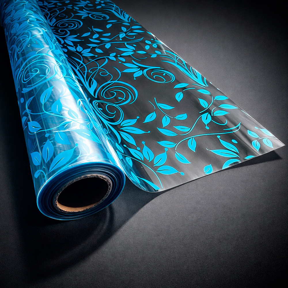 Rollo de papel de regalo transparente con flores azul claro, 50 m