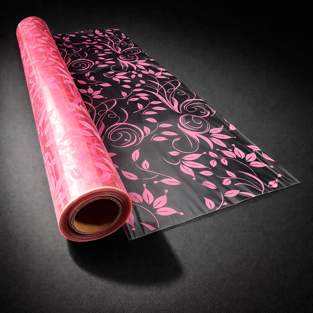 Rollo de papel de regalo transparente con flores rosa claro, 50 m