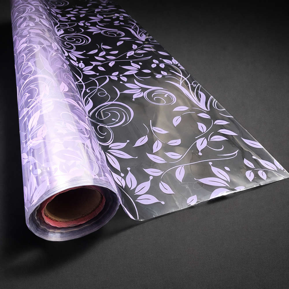 Rollo de papel de regalo transparente con flores malva, 50 m