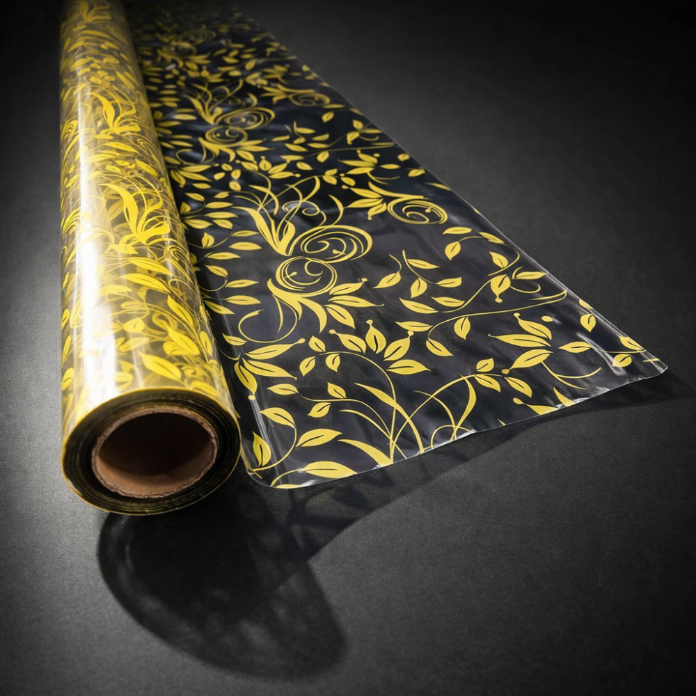 Rollo de papel de regalo transparente con flores doradas, 50 m