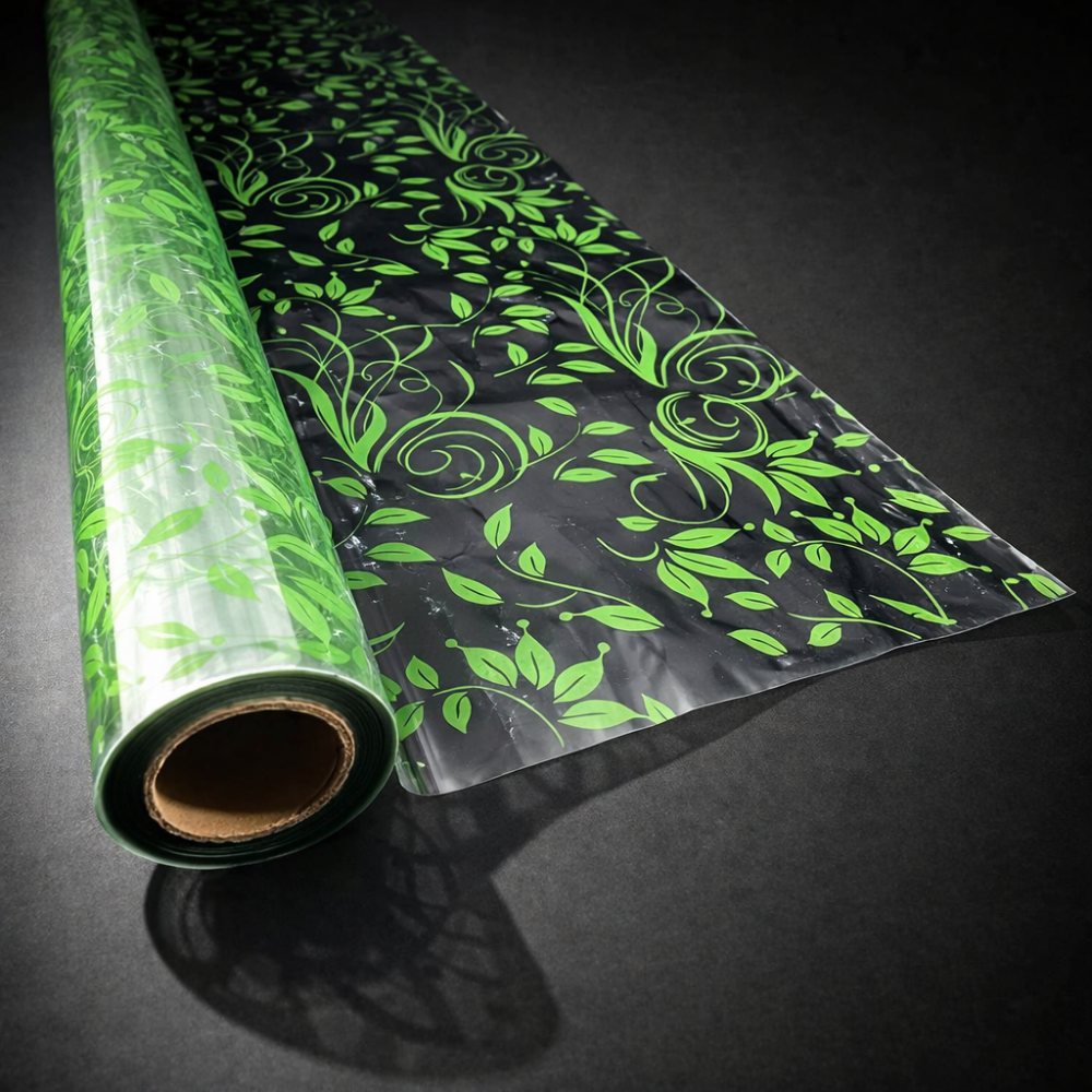 Rollo de papel de regalo transparente con flores verde claro, 50 m