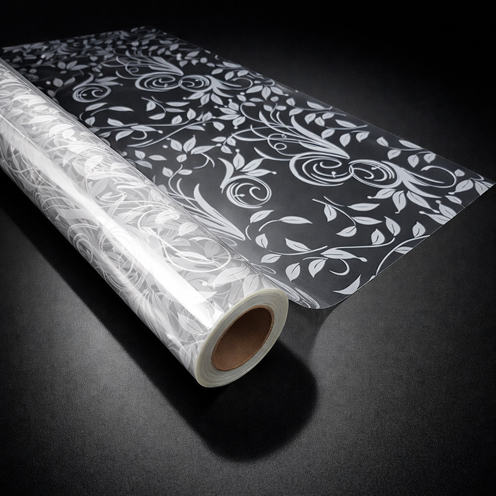 Rollo de papel de regalo transparente con flores blancas, 50 m