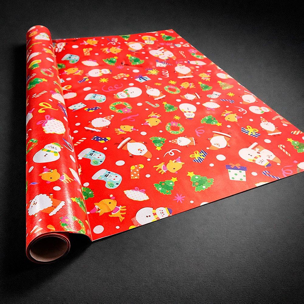 Lote de 2 rollos de papel de regalo rojo con motivos de navidad infantiles, 70 x 100 cm