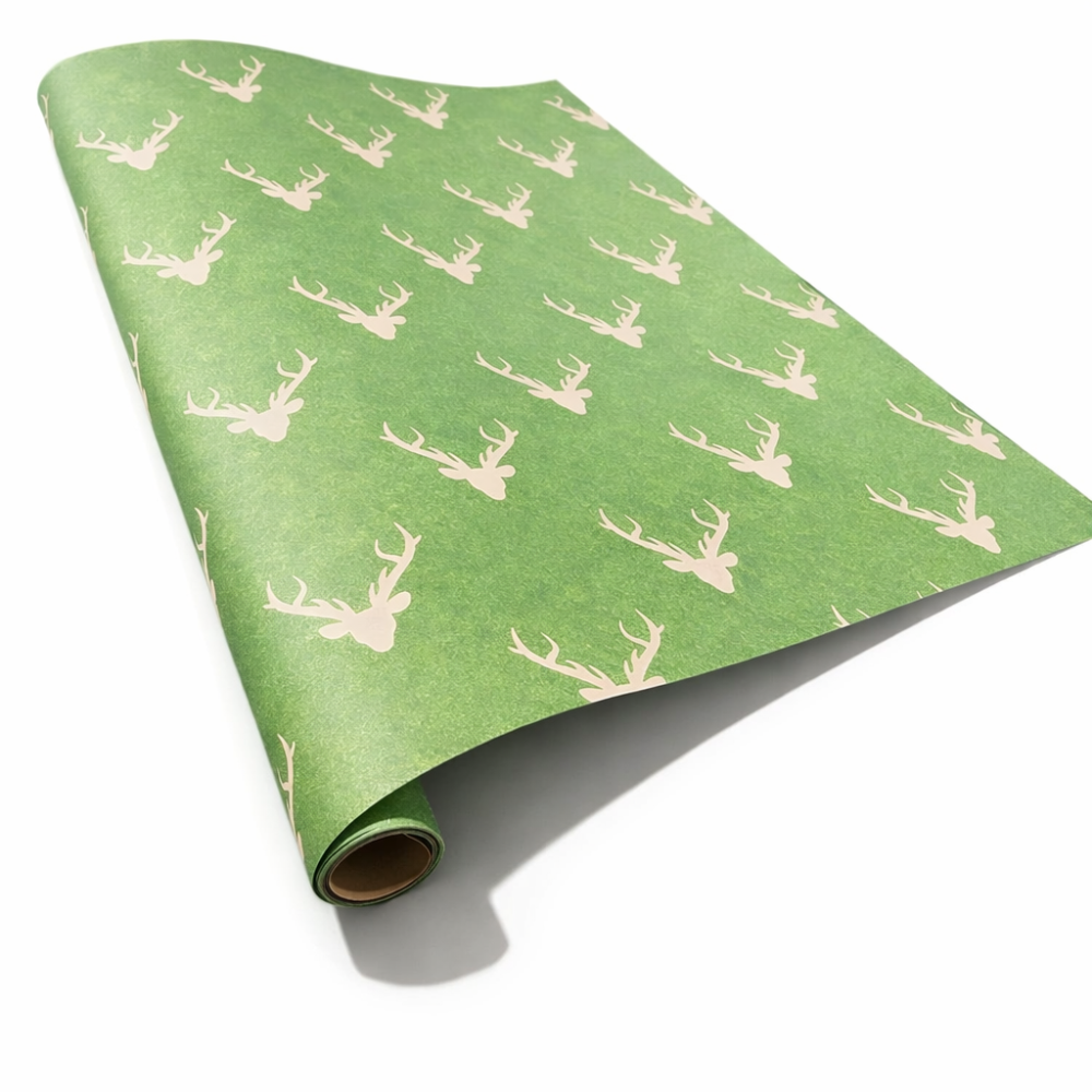 Lote de 2 rollos de papel de regalo verde con motivo de cabezas de reno, 70 x 100 cm