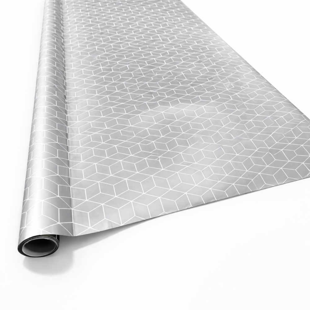 Lote de 2 rollos de papel de regalo plateado con motivo de cubos blancos, 70 x 100 cm
