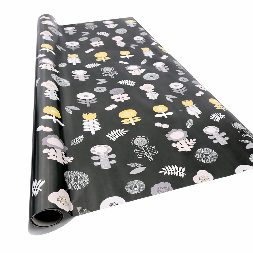 Lote de 3 rollos de papel de regalo negro con estampado de flores, 53 x 75 cm