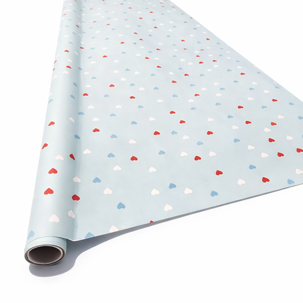 Lote de 2 rollos de papel de regalo azul escarchado con motivos de corazoncitos, 70 x 100 cm
